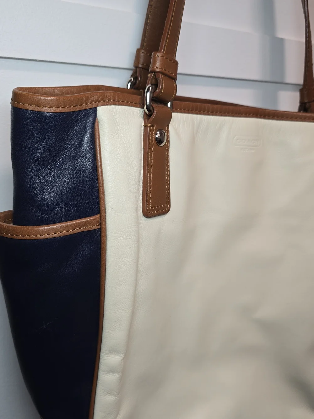 Coach Cream and Navy Tote with Brown Trim